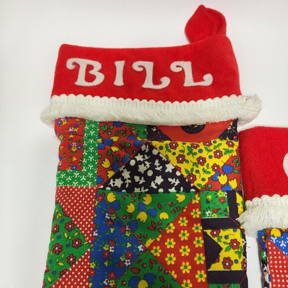 Vintage Patchwork Christmas Stocking Primitive Farmhouse Fringe Set of 2 - Picture 2 of 16
